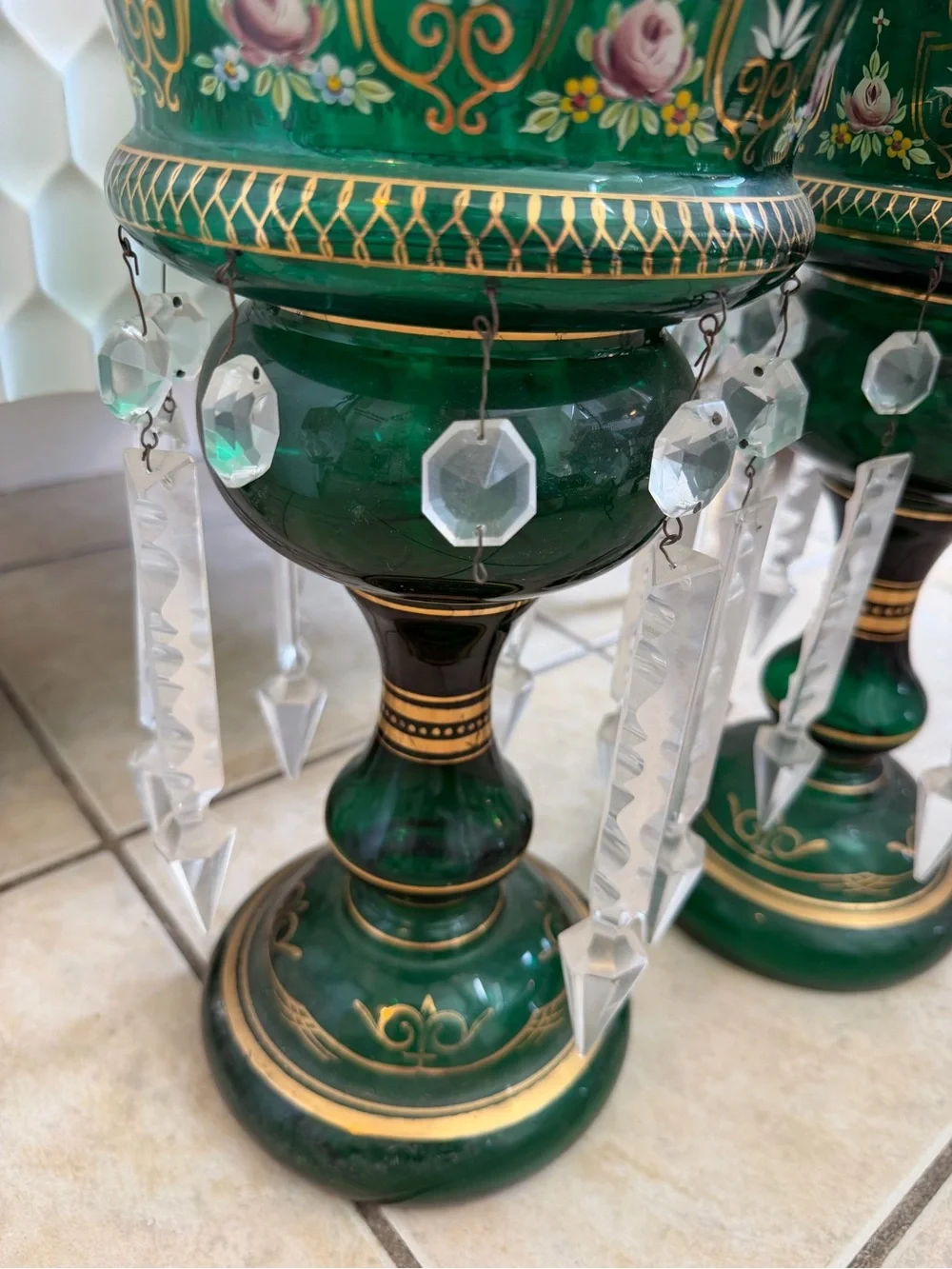 RARE Pair of Victorian Green and Gilt Art Glass Mantel Lusters